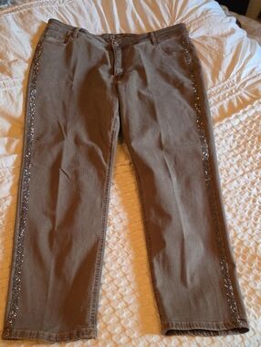 Frank Lyman Design Straight Leg Jeans with Side Sequin Trim - Taupe Xxl